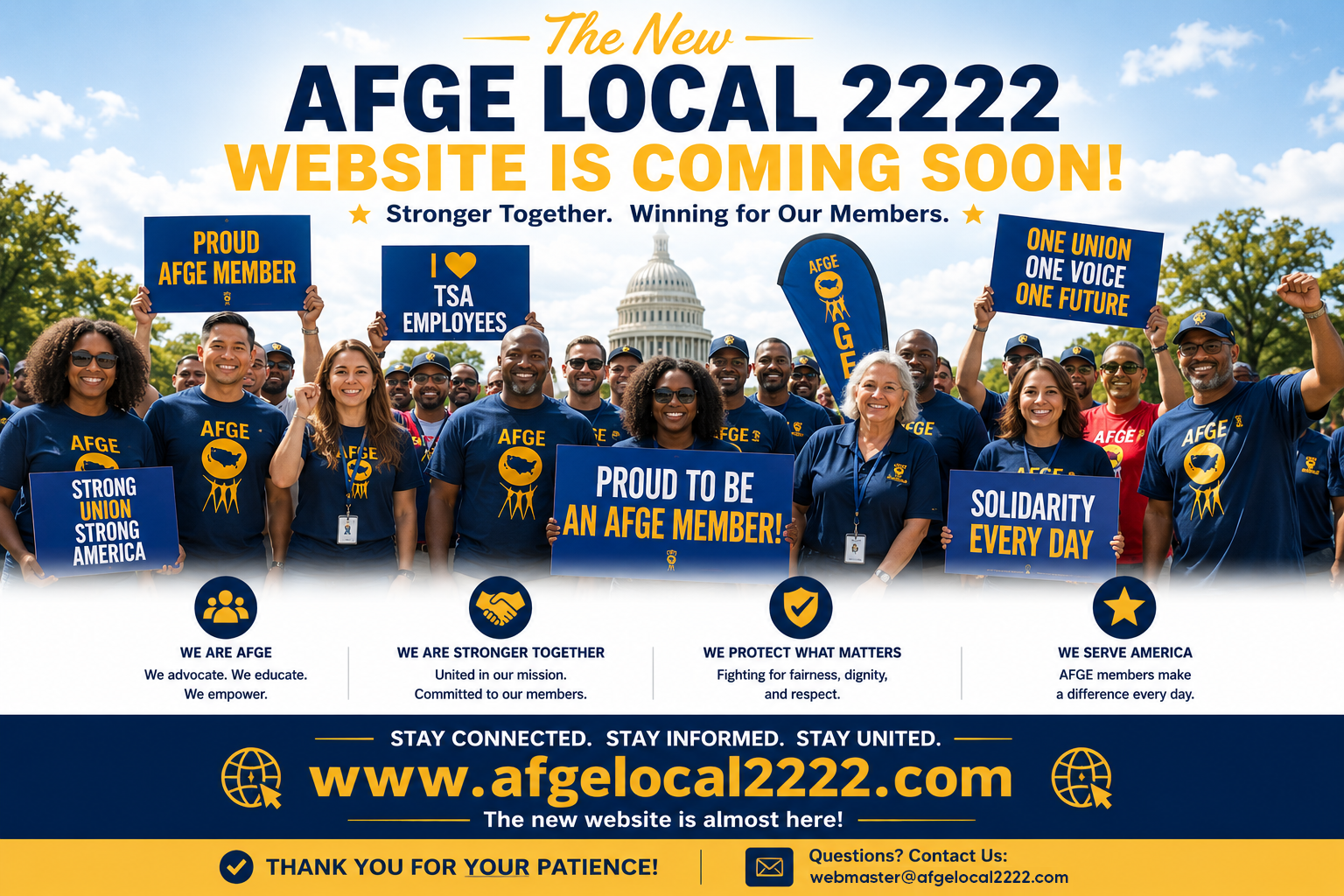 AFGE Local 2222 website coming soon, with a diverse group of smiling AFGE members holding signs supporting TSA employees, union solidarity, and public service.